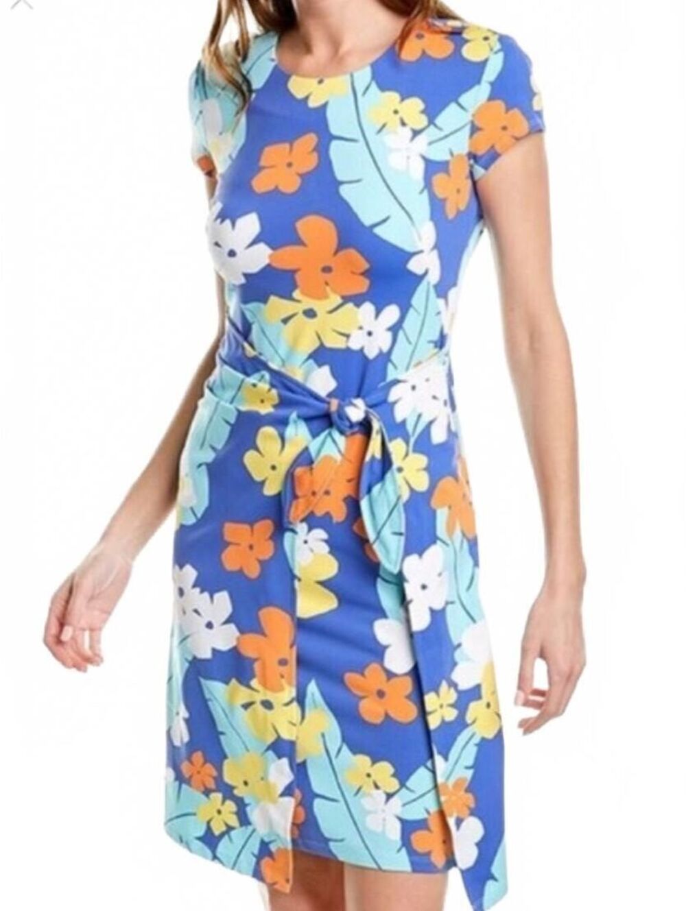 J.McLaughlin Elora Dress Women's Medium Blue Floral Stretch Shift Tie Waist
